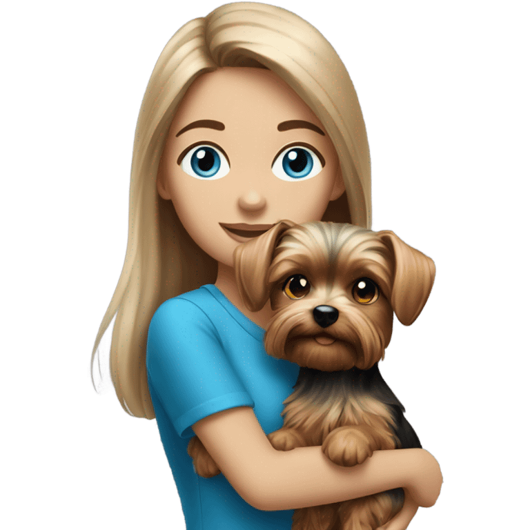 Realistic brunette girl with bright blue eyes holding Yorkshire terrier  emoji