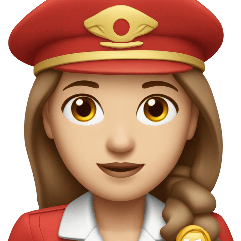 A white stewardess with long brown hair and brown eyes in a red uniform and a red beret emoji