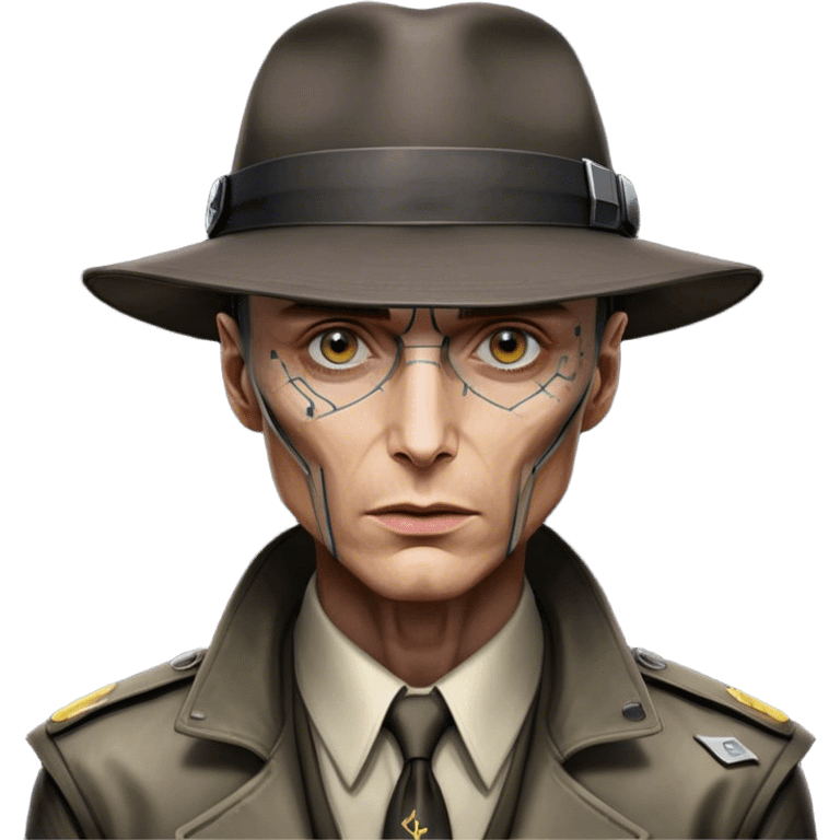 Cillian Murphy's J Robert Oppenheimer Wearing his hat, while his eye, ear, nose and upper body has been replaced with Cybernetic Organism and Neural Network in CyberPunk 2077 emoji