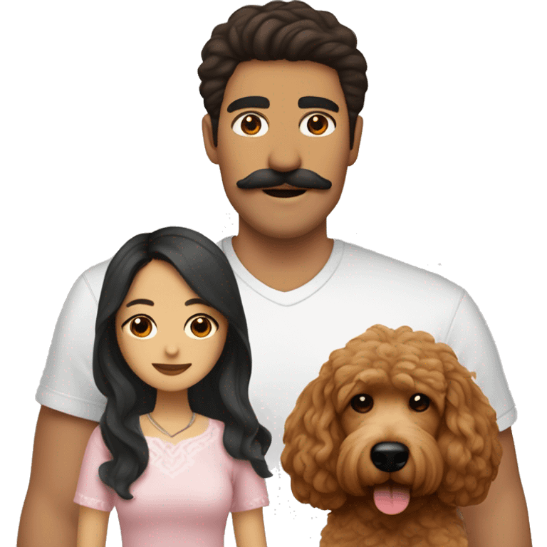 Mexican guy mustache with brown hair and asian girl with long black hair holding red goldendoodle emoji