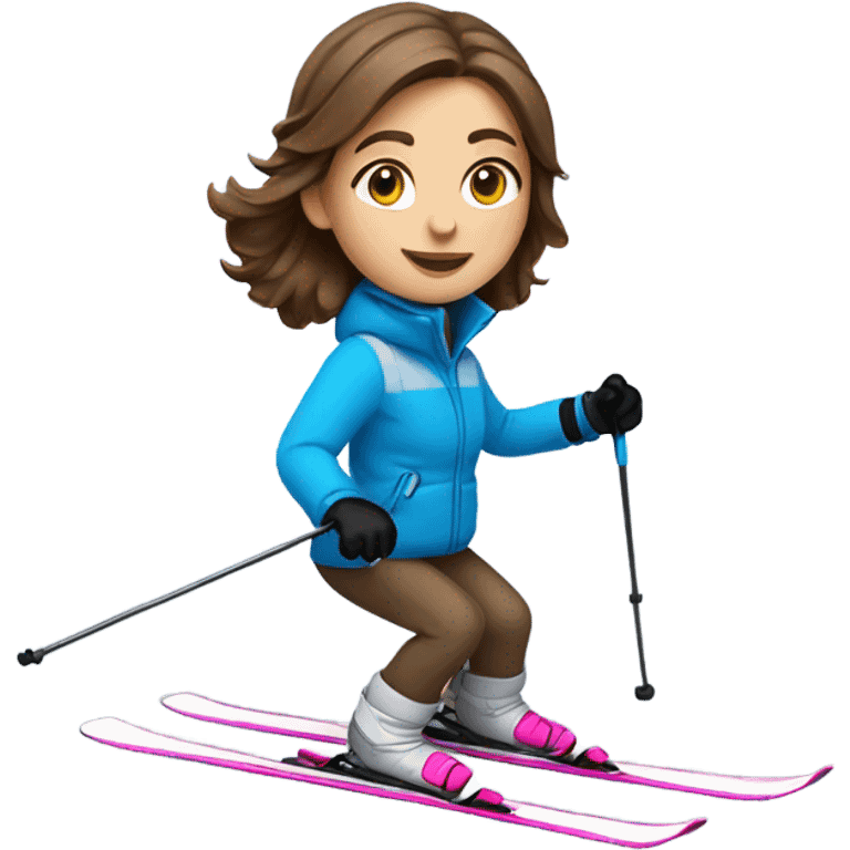 Girl with brown hair skiing with a blue coat white pants and pink skis emoji