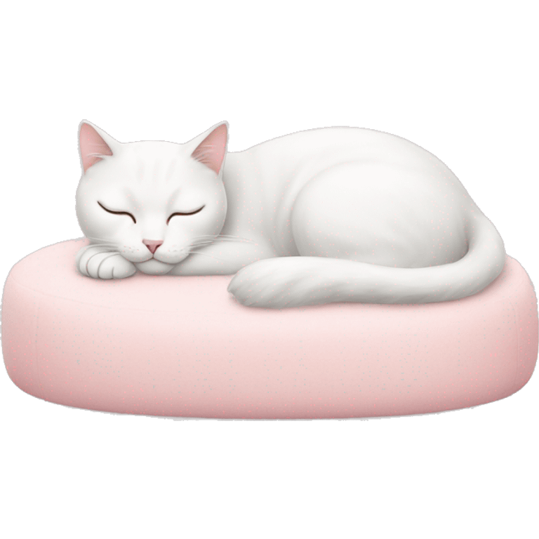 white cat sleeping on light pink cat bed emoji