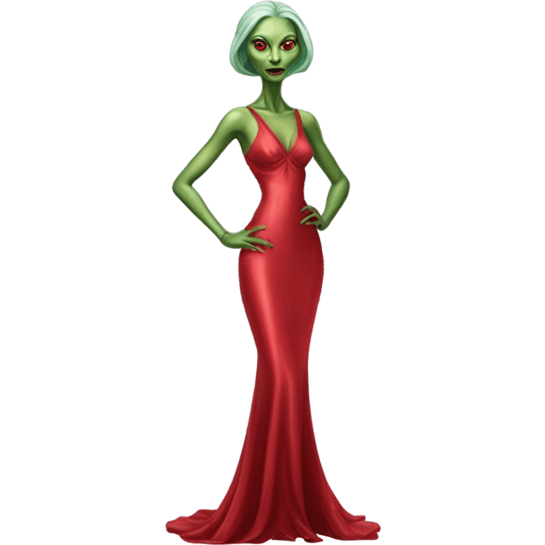 reptilian green alien woman, in long slim pastel red formal party satin dress with gradient shiny sparkling dark red, full figure, full body emoji