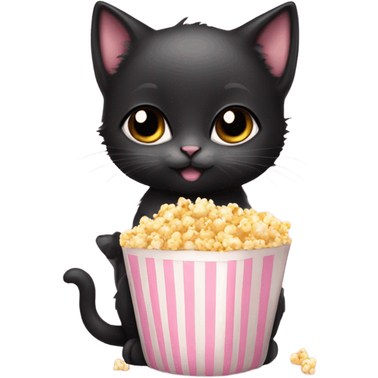 Cute black Kitten with popcorn and baby pink bow on neck emoji