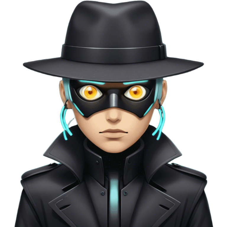 A dystopian bounty hunter, black trench coat, cybernetic eye glowing emoji