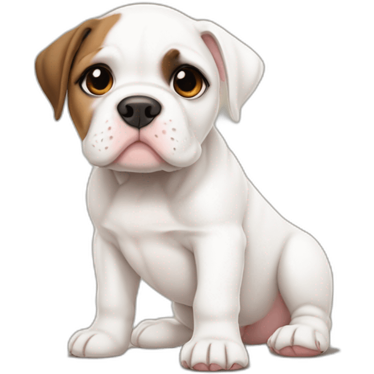 Sad White American bulldog puppy with a brown patch on her left eye and heart in the other emoji