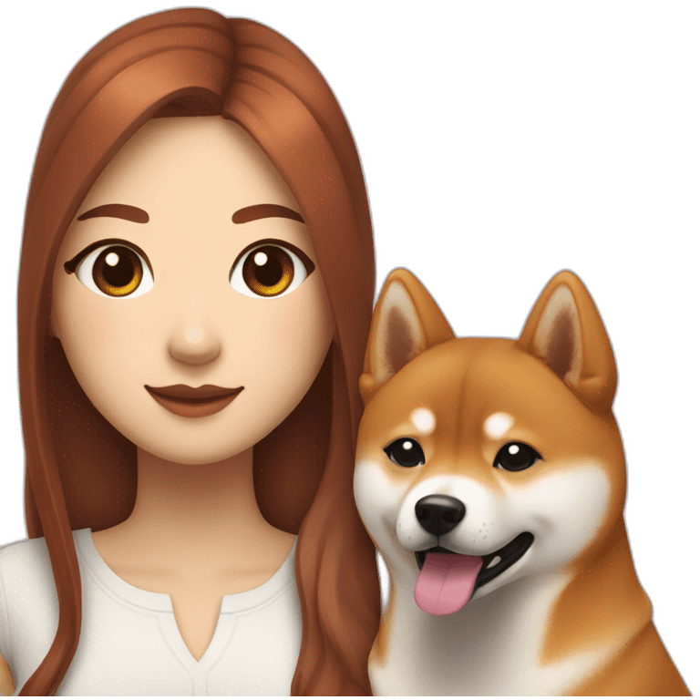 A pretty Shiba and a large white Hokkaido accompanied by their mistress, a woman with curly auburn hair. emoji