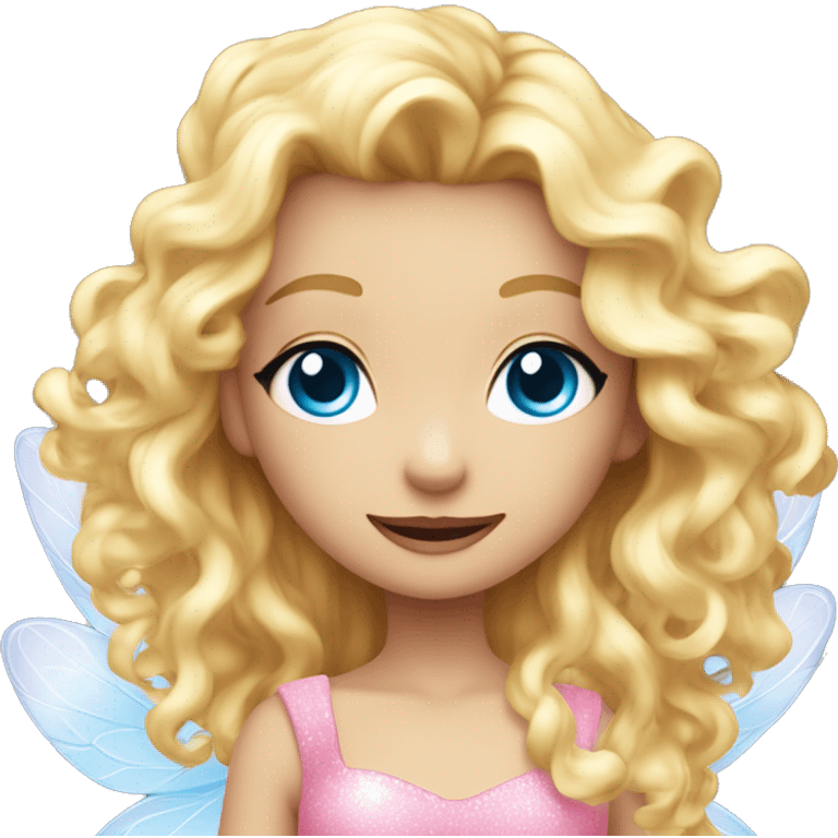 Fairy, a blonde hair with blue eyes and a pink dress with sparkly wings. White wings. The fairy has long, curly hair with a lot of volume emoji