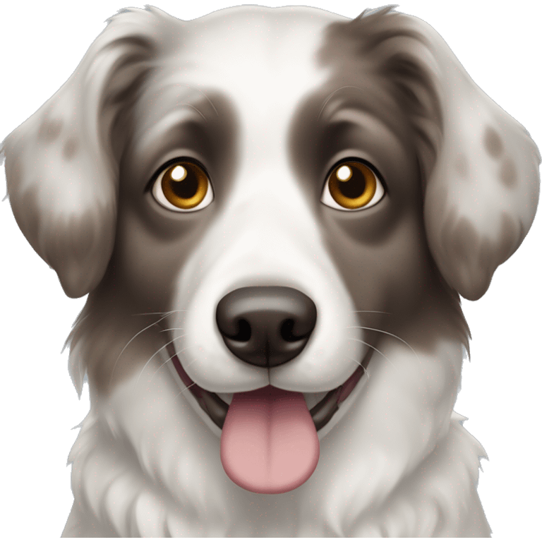 White aussiechon dog with heterochromia in both eyes, 75% blue and 25% brown. His fur is white throughout the body, his ears are a mix of mostly grey, brown and a bit of white. Make him smiling with his tongue out emoji