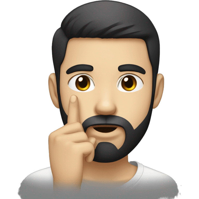 a young man with short black hair beard, who puts his finger in front of his mouth to make a sign of silence, with white skin emoji