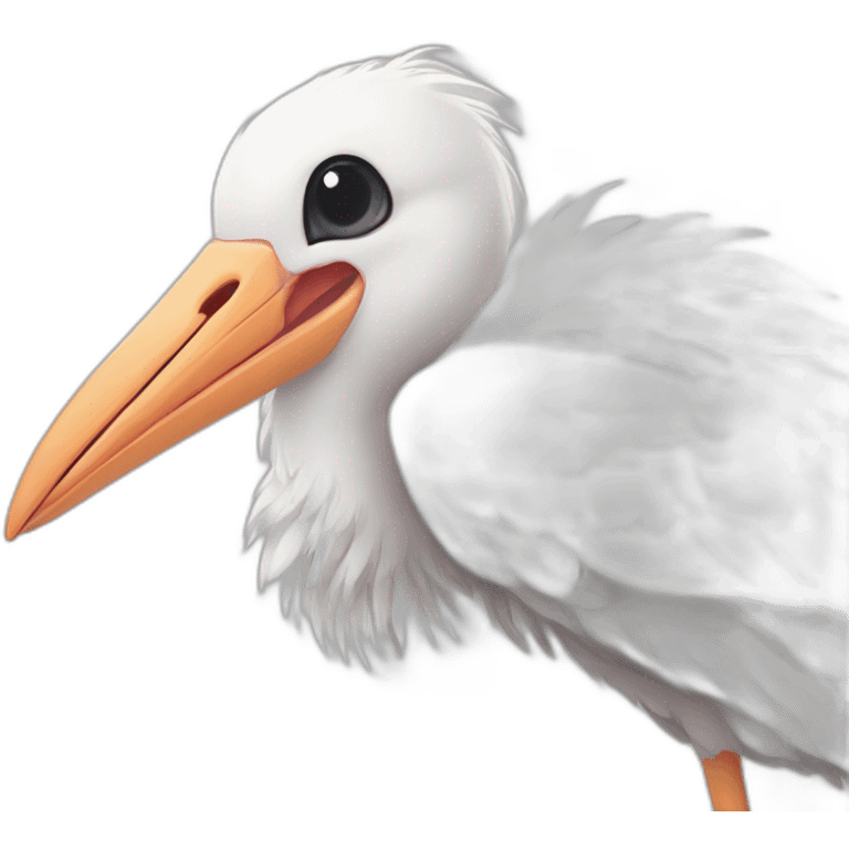  A big white stork carrying a bundle of cloth in its beak that has a cute white skinned baby face peeking out from it with black head emoji