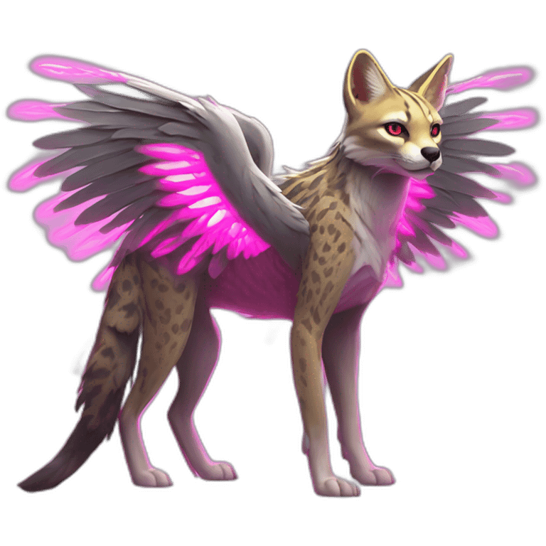 Coyote ocelot standing with grey and black fur and phoenix wings on back and pink ears half skeleton, neon lights emoji