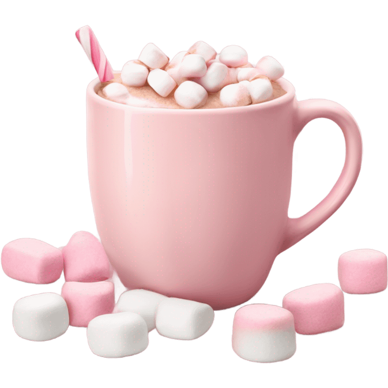 light pink mug of hot chocolate with pink and white mini marshmallows  emoji