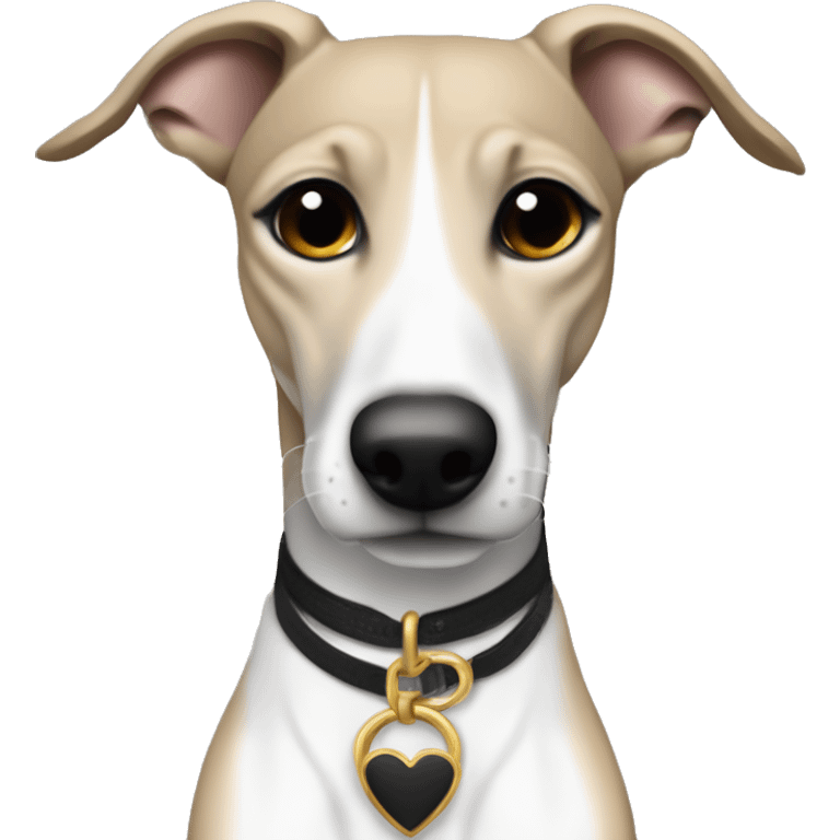 a beige with tabby colour whippet full body his The tip of the tail white colour and his left foot white color up up and a leash going out of frame, with a dark snout, black and white mouth patchy and black angel wing like eyes emoji