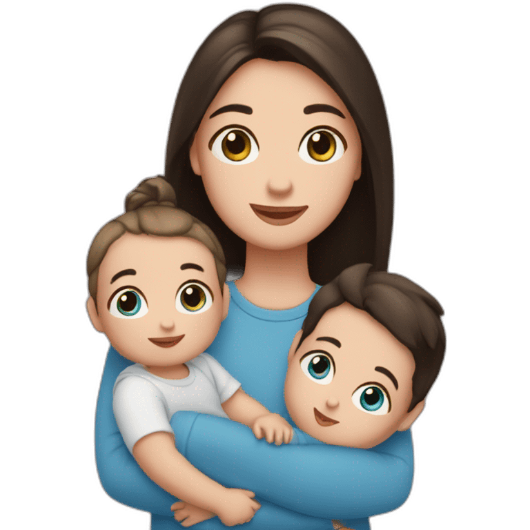 Cute girl with straight dark hair and blue eyes hold two boy babies emoji