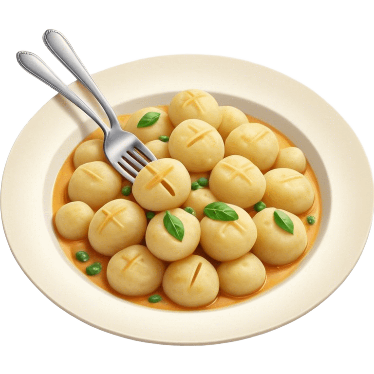 Gnocchi Cinematic Realistic Gnocchi Dish Emoji, depicted as tender potato dumplings garnished with iconic fork marks on top, rendered with soft textures and warm, inviting lighting. emoji