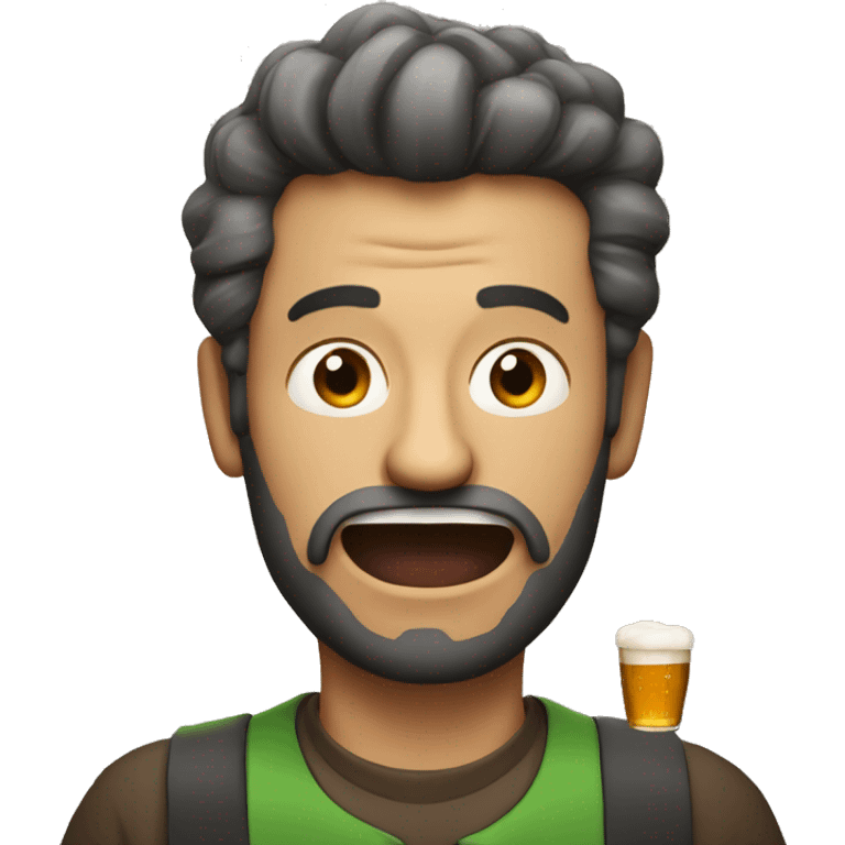 man with crazy face holding a beer bottle and a pint emoji