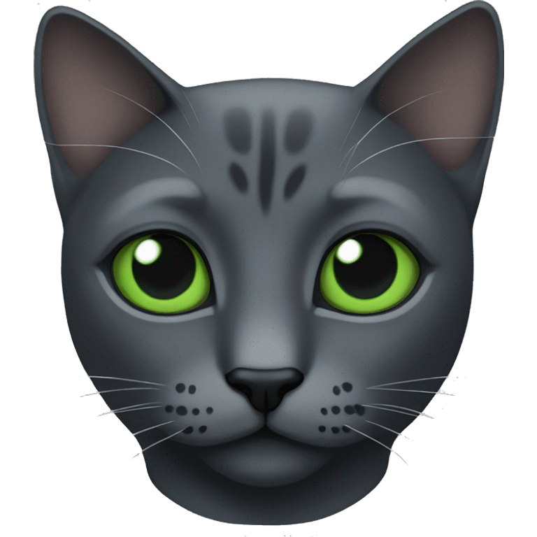 Dark gray cat with black face marks and green eyes head only emoji