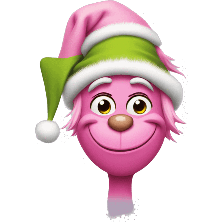 grinch face with a smirk wearing a light pink santa hat emoji