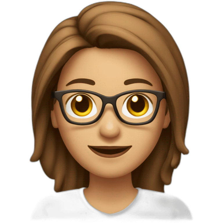 mujer feliz con piel blanca con gafas cabello en el hombro y de color marron con un computador emoji