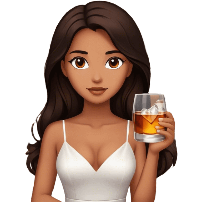 Beautiful woman in 1950’s woman fashion look, white dress, long dark brown hair, whisky with ice emoji