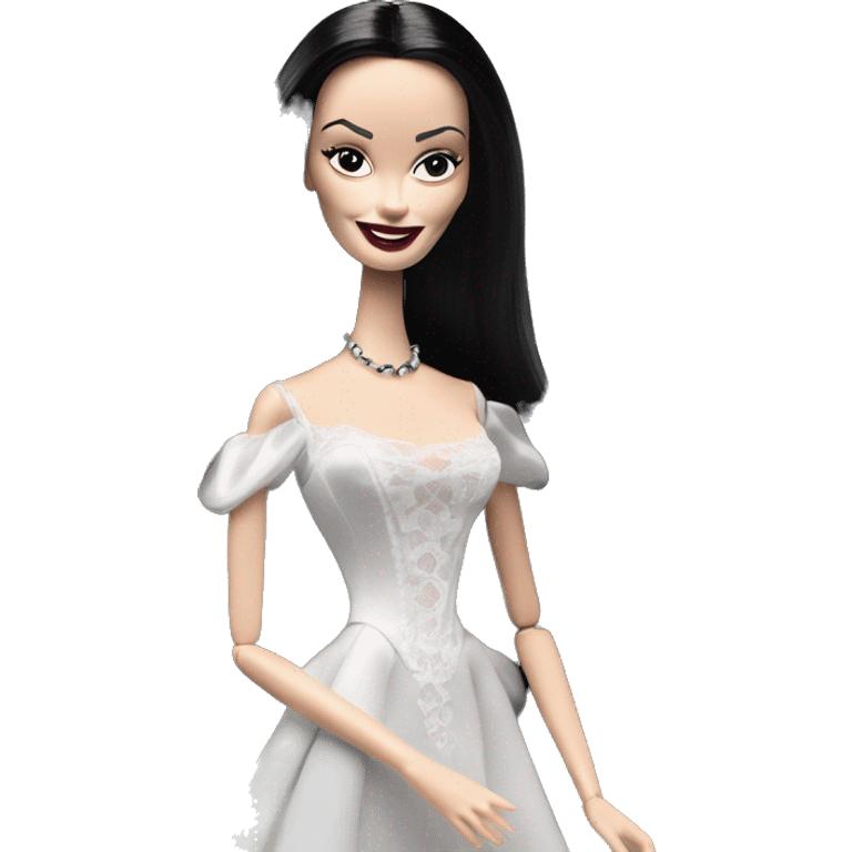 Morticia Addams Barbie at home. Smiling. Filmy nightgown . Very Pale-white porcelain skin.  emoji