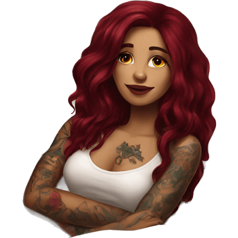 Beautiful tattooed burgundy long haired woman laying on the bed emoji