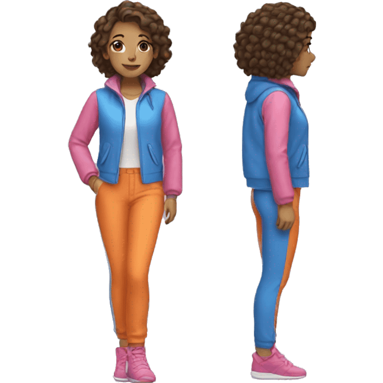 A girl wearing blue orange jacket with pink trousers emoji