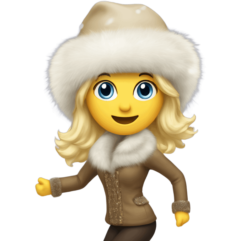 blonde lady in a fur hat dancing in the snow full body fur boots emoji