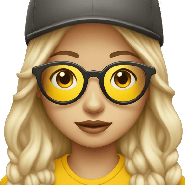 emoji of a girl wearing a cap with glasses that are fitted with yellow lenses. Emphasise the yellow lenses. Change the skin of the person to a biege colour emoji