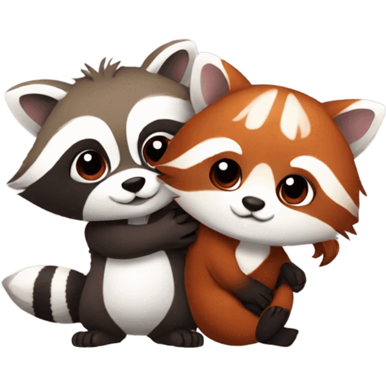 One male raccoon hugging a female red panda emoji