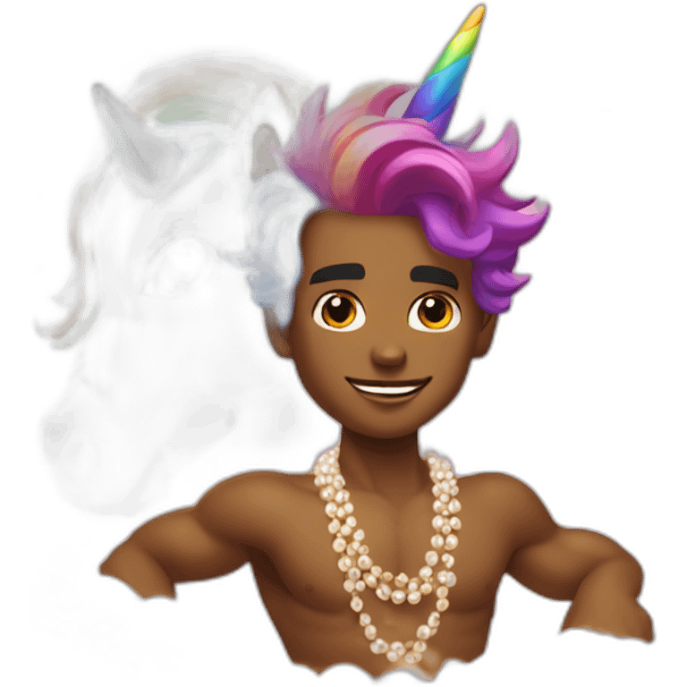 posh-muscle-boy-with-pearl-necklace-and-rainbow-unicorn-hair-in-golden-bathtub emoji