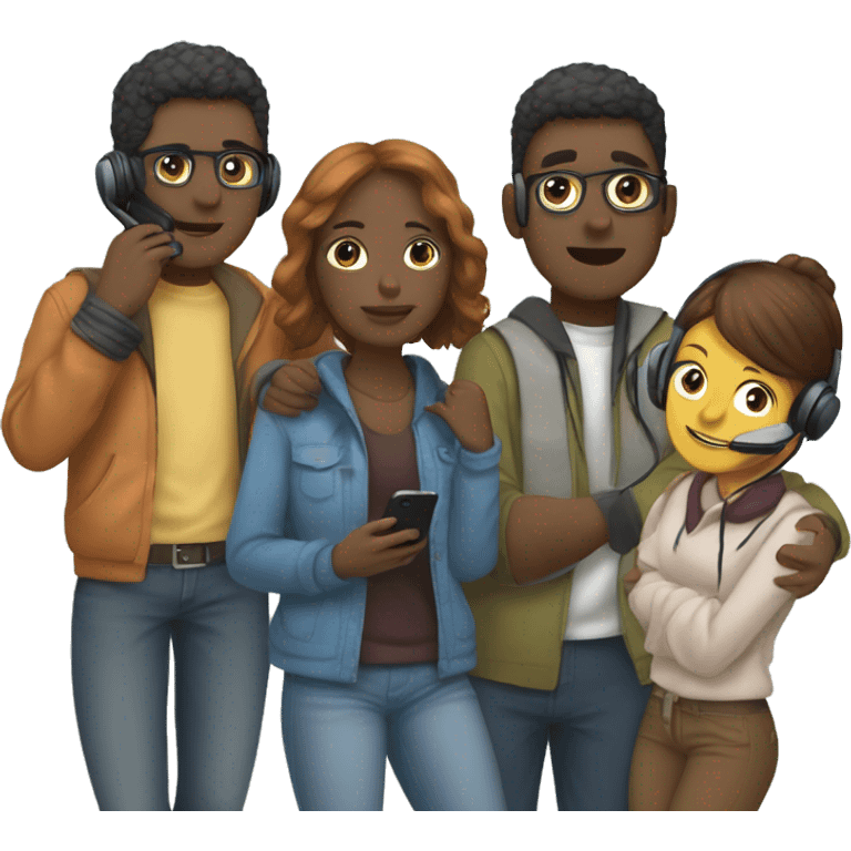 A group of 5 humans cuddling withcasual cloths, having headsets on and holding telephones  emoji