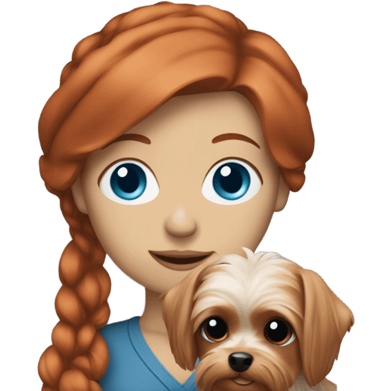 a red headed, blue eyed white woman holding a yorkie emoji