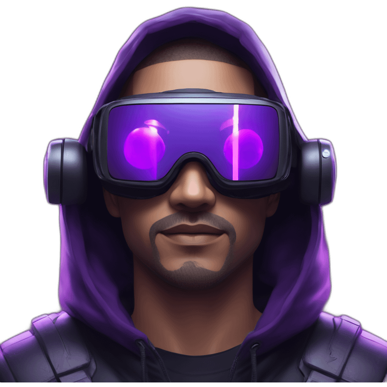 Cyberpunk style. Violet neon. Man with white skin in the black hoody with violet OMG VR logo on it wearing vr headset oculus quest 2 emoji