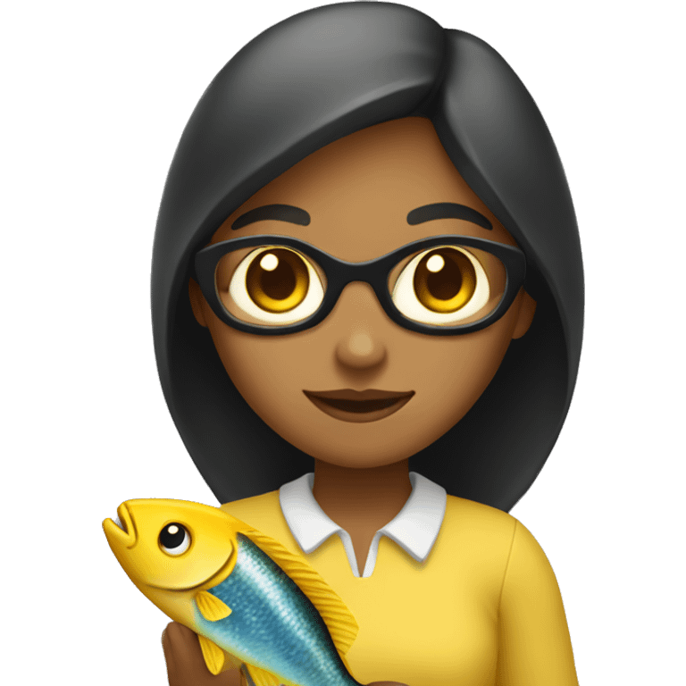 a yellow skin girl is holding a fish emoji