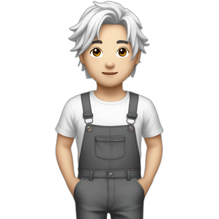 Chinese idol wearing white overalls and gray pants and black T-shirt with white hair emoji