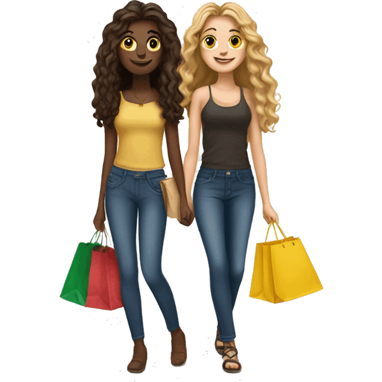 Two Italian best friends with long hair shopping together with bags   emoji