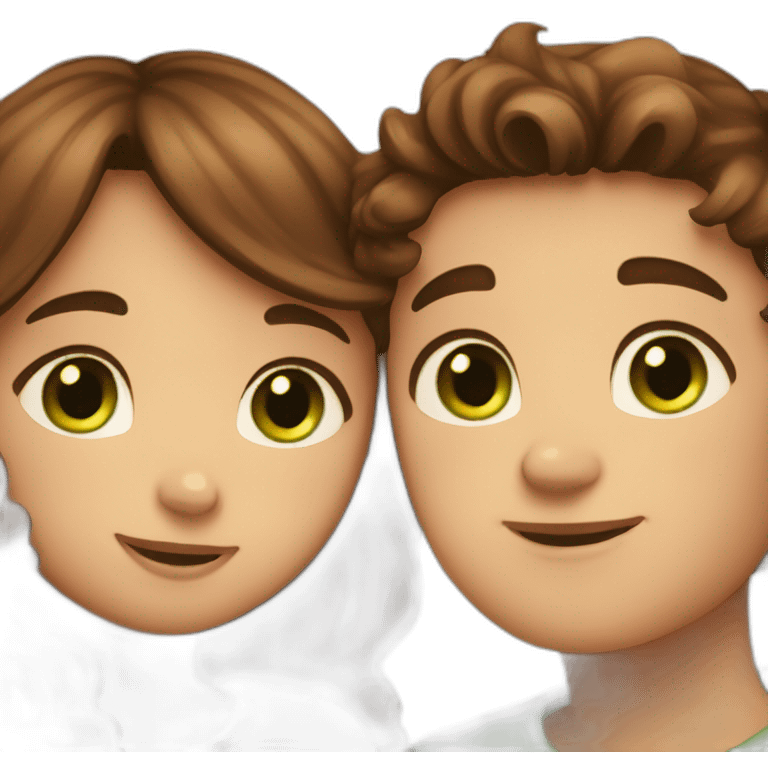 Girl with brown eyes and brown hair kisses boy with brown hair and green eyes and hugs brown fat cats emoji