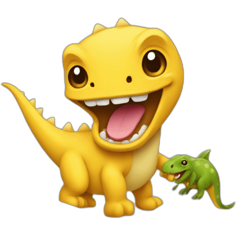 Yellow emoji holding an dinosaur in its arms emoji