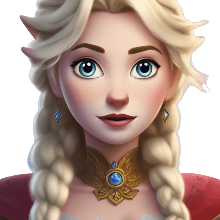 Warcraft award winning Elsa in Apple Ad style, oil paint, mysterious eyes, intricate lips, masterpiece pose, odd perspective, beautiful, desirable, logical, midsommar, ikea emoji