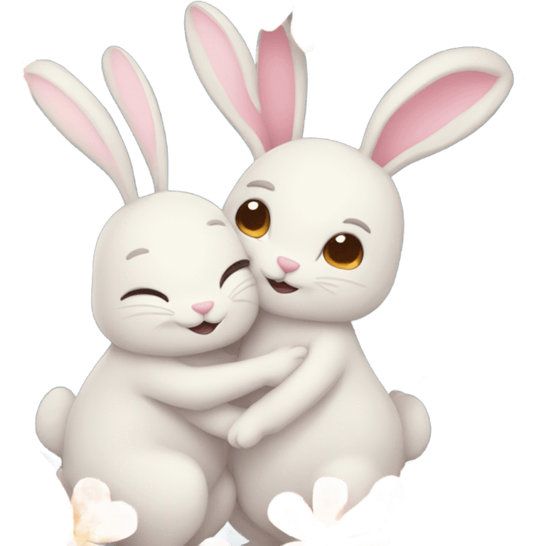 Cute hugging bunnies with flowers emoji