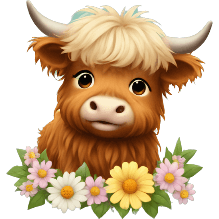 Cute Fluffy Highland cow baby sitting with flowers in hair emoji