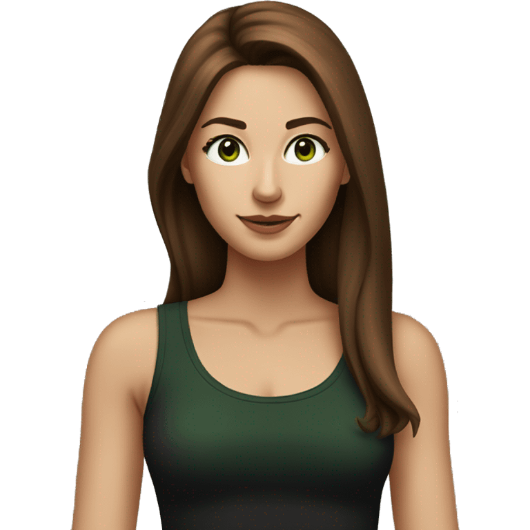 Attractive woman with very long chestnut-brown hair and dark green eyes wearing a black tank top emoji