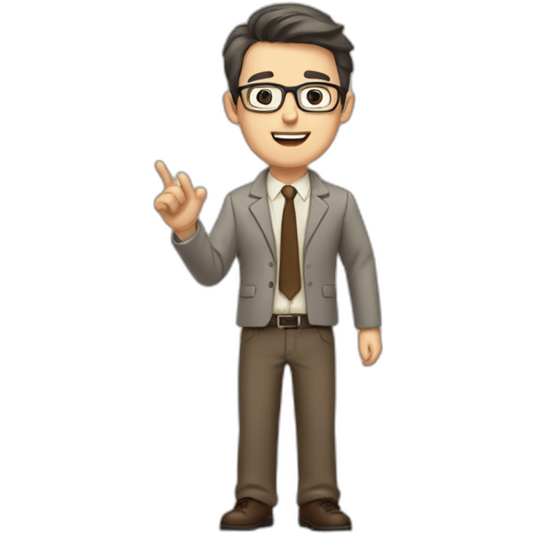 To belt Actively gesturing with hands Pale skinned fit man teacher with dark brown hair in gray jacket, beige office shirt, brown tie, brown pants and vintage glasses. emoji