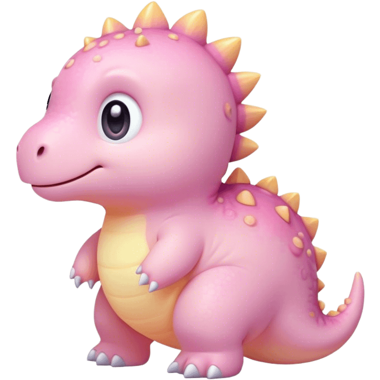 Cinematic tiny pastel dinosaur, chubby round body, tiny feet, big sparkling eyes, soft glowing colors, happy and friendly expression, radiating warmth. emoji