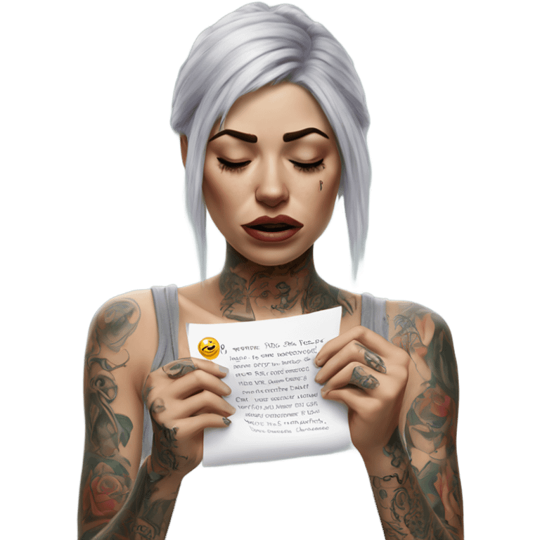 Hyper Realistic Beautiful tattooed woman crying holding a letter  emoji