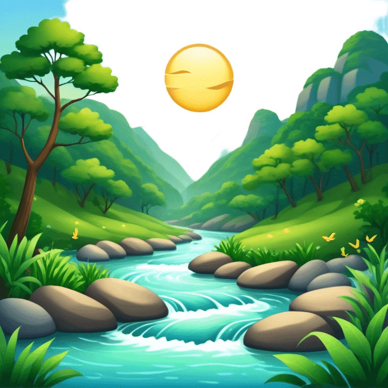 Cinematic Realistic River Emoji, Serene and flowing, with sparkling water meandering through lush greenery, surrounded by trees and rocks. The sun dances across the rippling surface, creating glimmering reflections while birds fly overhead. Soft glowing outline, capturing the essence of peacefulness and tranquility in a meandering river. emoji