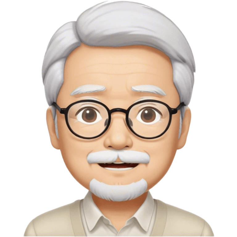 ​Cinematic Realistic Portrait of Hayao Miyazaki, depicted with defined black eyebrows, and large rectangular glasses, his happy expression rendered in lifelike detail, illuminated with soft, realistic lighting that emphasizes his creative genius, emoji