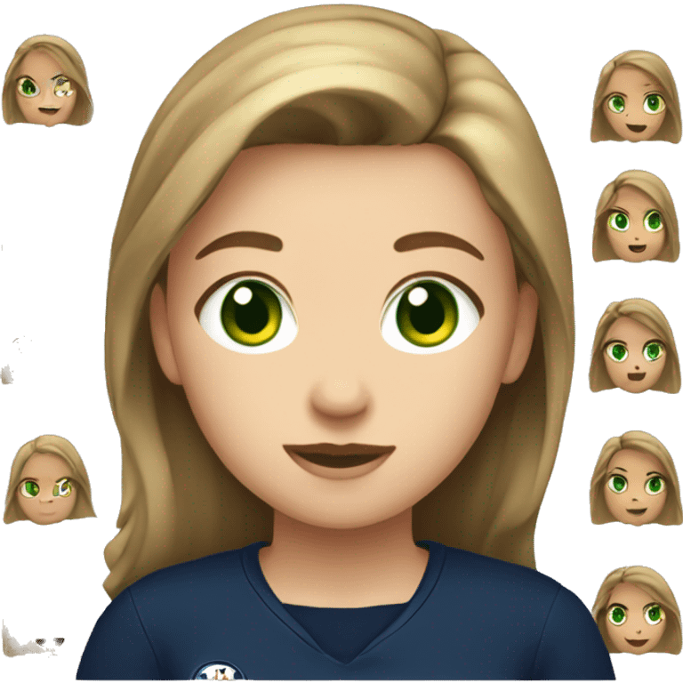 Teen girl with Light brown hair with green eyes wearing a navy shirt with a white number 14 on it emoji